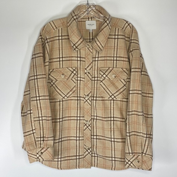 Gilli Brown Tan Plaid Button Up Shacket Size Medium - Picture 1 of 6
